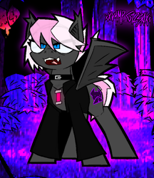 Size: 1226x1420 | Tagged: safe, artist:xxv4mp_g4z3rxx, oc, oc:good vibes, bat pony, pony, bat ponified, bat pony oc, fangs, food, forest, glowstick, mango, night, nonbinary, open mouth, race swap, solo, tail, two toned mane, two toned tail