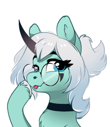 Size: 1650x1900 | Tagged: safe, artist:28gooddays, oc, oc only, pony, unicorn, chest fluff, choker, glasses, simple background, solo, tongue out, white background