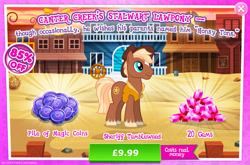 Size: 1961x1297 | Tagged: safe, gameloft, sheriff tumbleweed, earth pony, pony, g4, my little pony: magic princess, advertisement, clothes, costs real money, cowboy hat, english, gem, hat, introduction card, magic coins, male, mobile game, numbers, sale, solo, stallion, text, unshorn fetlocks, vest