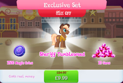 Size: 1268x858 | Tagged: safe, gameloft, sheriff tumbleweed, earth pony, pony, g4, my little pony: magic princess, bundle, clothes, costs real money, cowboy hat, english, gem, hat, magic coins, male, mobile game, numbers, sale, solo, stallion, text, unshorn fetlocks, vest