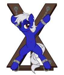 Size: 3970x4675 | Tagged: safe, artist:equestria secret guard, oc, oc only, oc:miss yin, oc:银小姐, earth pony, pony, armpits, bdsm, bedroom eyes, belly button, bondage, bondage cross, bondage cuffs, bondage furniture, bondage gear, bound, chains, cuffs, earth pony oc, eye scar, eyepatch, facial scar, featureless crotch, female, happy, happy bondage, helpless, looking at you, lying down, mare, restrained, scar, sexy, show accurate, simple background, solo, spread eagle, spread legs, spreading, tied up, transparent background