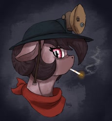 Size: 2464x2676 | Tagged: safe, artist:reddthebat, oc, oc only, oc:number nine, earth pony, pony, bust, cigarette, female, floppy ears, headlamp, helmet, high res, looking at you, mare, mining helmet, mouth hold, neckerchief, profile, smoking, solo, sternocleidomastoid