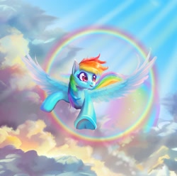 Size: 2400x2381 | Tagged: safe, artist:allegrenix, rainbow dash, pegasus, pony, g4, cloud, crepuscular rays, female, flying, frog (hoof), high res, mare, open mouth, open smile, rainbow, sky, smiling, solo, sonic rainboom, spread wings, underhoof, wings