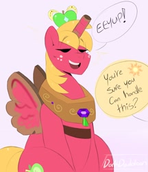 Size: 1650x1906 | Tagged: safe, artist:darkdoubloon, big macintosh, alicorn, earth pony, pony, g4, alicorn costume, alicornified, costume, eeyup, eyebrows, eyebrows visible through hair, eyes closed, fake horn, fake wings, freckles, implied princess celestia, male, offscreen character, open mouth, princess big mac, race swap, simple background, smiling, solo, speech bubble, stallion, white background