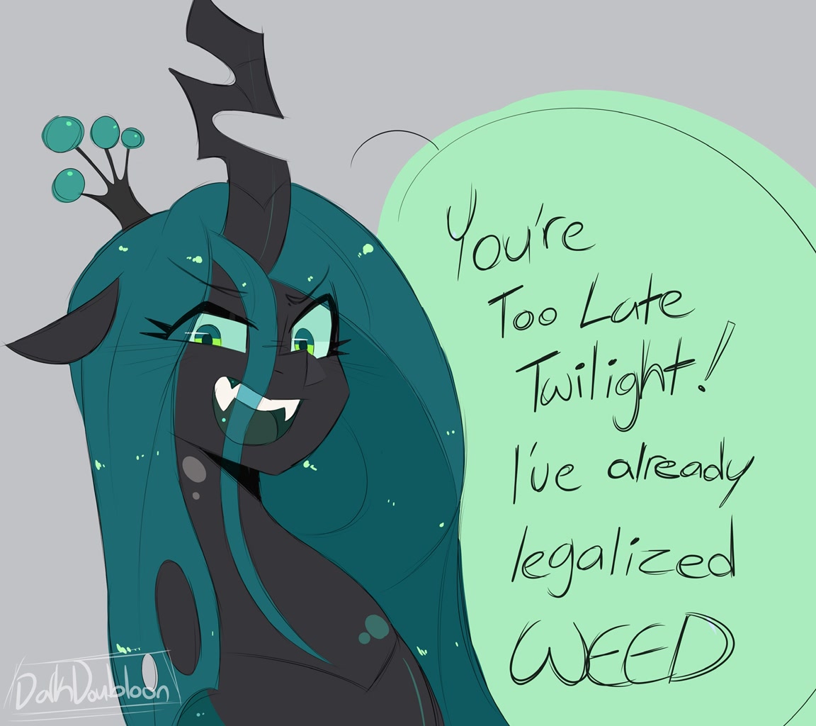 [changeling,changeling queen,drugs,fangs,female,looking at you,marijuana,open mouth,queen chrysalis,safe,simple background,speech bubble,artist:darkdoubloon]