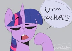 Size: 2048x1457 | Tagged: safe, artist:darkdoubloon, twilight sparkle, alicorn, pony, g4, actually, eyebrows, eyebrows visible through hair, eyes closed, female, mare, open mouth, simple background, speech bubble, twilight sparkle (alicorn)