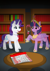 Size: 2100x2970 | Tagged: safe, artist:terminalhash, rarity, twilight sparkle, alicorn, pony, unicorn, fanfic:the enchanted library, g4, big crown thingy, book, bookshelf, calendar, commission, crown, duo, duo female, element of magic, eyebrows, female, folded wings, glowing, glowing horn, high res, hoof shoes, horn, jewelry, lesbian, looking at each other, looking at someone, magic, magic aura, mare, necklace, peytral, regalia, shadow, ship:rarilight, shipping, smiling, smiling at each other, table, telekinesis, twilight sparkle (alicorn), vector, wings