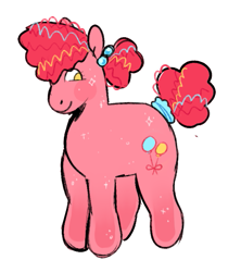 Size: 547x615 | Tagged: safe, artist:peachybats, pinkie pie, earth pony, pony, g4, g5, blush sticker, blushing, female, g5 concept leaks, mare, pinkie pie (g5 concept leak), redesign, short tail, simple background, smiling, solo, sparkles, tail, tail wrap, white background