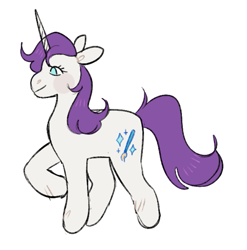 Size: 667x675 | Tagged: safe, artist:peachybats, rarity, pony, unicorn, g5, blush sticker, blushing, female, g5 concept leaks, horn, mare, raised hoof, rarity (g5 concept leak), redesign, simple background, smiling, solo, tail, white background