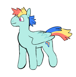 Size: 643x649 | Tagged: safe, artist:peachybats, rainbow dash, pegasus, pony, g5, female, g5 concept leaks, mare, rainbow dash (g5 concept leak), redesign, simple background, smiling, solo, tail, white background, wings