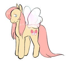 Size: 727x669 | Tagged: safe, artist:peachybats, fluttershy, pegasus, pony, g5, female, fluttershy (g5 concept leak), g5 concept leaks, lidded eyes, looking back, mare, redesign, simple background, smiling, solo, spread wings, tail, transparent wings, white background, wings