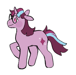 Size: 645x633 | Tagged: safe, artist:peachybats, twilight sparkle, pony, unicorn, g5, blush sticker, blushing, female, g5 concept leaks, glasses, horn, mare, raised hoof, redesign, simple background, smiling, solo, tail, twilight sparkle (g5 concept leak), unicorn twilight, white background