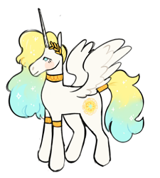Size: 1280x1420 | Tagged: safe, artist:peachybats, princess celestia, alicorn, pony, g4, blush sticker, blushing, female, horn, laurel wreath, mare, redesign, simple background, solo, spread wings, tail, tail band, white background, wings