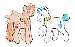 Size: 1280x816 | Tagged: safe, artist:peachybats, princess cadance, shining armor, alicorn, pony, unicorn, g4, blush sticker, blushing, choker, duo, duo male and female, female, horn, looking at each other, looking at someone, male, mare, redesign, requested art, ship:shiningcadance, shipping, short tail, simple background, smiling, spread wings, straight, tail, white background, wings