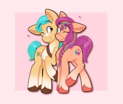 Size: 996x841 | Tagged: safe, artist:sweetnothing, hitch trailblazer, sunny starscout, earth pony, pony, g5, duo, duo male and female, female, male, mane stripe sunny, mare, multicolored hair, rainbow hair, ship:starblazer, shipping, simple background, snuggling, stallion, straight
