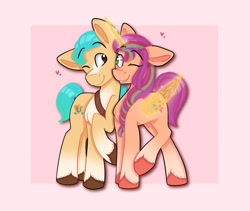 Size: 996x841 | Tagged: safe, artist:sweetnothing, hitch trailblazer, sunny starscout, alicorn, earth pony, pony, g5, alicornified, female, male, mane stripe sunny, mare, one eye closed, race swap, ship:starblazer, shipping, simple background, snuggling, stallion, straight