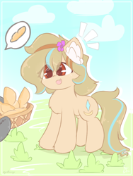 Size: 1000x1333 | Tagged: safe, artist:grithcourage, oc, oc:grith courage, earth pony, pony, adorable face, baguette, bread, colored, cute, ear fluff, excited, female, flat colors, food