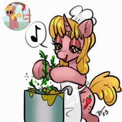 Size: 2700x2700 | Tagged: safe, artist:nootaz, artist:opalacorn, oc, oc only, oc:twisted pepper, pony, unicorn, apron, bipedal, chef's hat, clothes, cooking pot, female, hat, high res, lidded eyes, mare, simple background, solo, white background