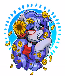 Size: 2523x2978 | Tagged: safe, artist:opalacorn, oc, oc:cinnabyte, earth pony, pony, bust, commission, female, flower, flower in hair, glasses, headset, high res, looking at you, mare, one eye closed, open mouth, open smile, simple background, smiling, smiling at you, solo, sunflower, white background, wink, winking at you