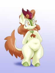 Size: 1200x1600 | Tagged: safe, artist:kushina13, autumn blaze, kirin, semi-anthro, g4, arm hooves, autumn blob, belly, chubby, cloven hooves, fat, female, gradient background, smiling, solo