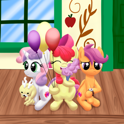 Size: 2000x2000 | Tagged: safe, artist:stellardust, derpibooru exclusive, apple bloom, scootaloo, sweetie belle, earth pony, jackalope, pegasus, pony, unicorn, g4, growing up is hard to do, apple bloom's bow, balloon, bow, cotton candy, cutie mark crusaders, eating, female, filly, foal, hair bow, high res, plushie, sitting, train station, trio, watch, wooden floor, wristwatch