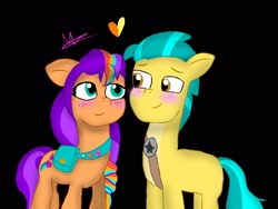 Size: 1920x1443 | Tagged: safe, artist:madelmena, hitch trailblazer, sunny starscout, earth pony, pony, g5, black background, blushing, duo, female, heart, male, mane stripe sunny, multicolored hair, rainbow hair, sheriff's badge, ship:starblazer, shipping, simple background, stallion, straight