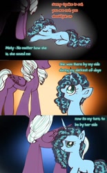 Size: 932x1507 | Tagged: safe, artist:jaanhavi, misty brightdawn, opaline arcana, alicorn, pony, unicorn, g5, spoiler:g5, backstory, comic, dialogue, duo, english, female, filly, filly misty brightdawn, foal, implied sunny starscout, mare, younger