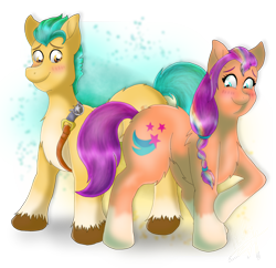 Size: 2280x2204 | Tagged: safe, artist:holy2001, hitch trailblazer, sunny starscout, earth pony, pony, g5, 2022, blushing, female, high res, male, mane stripe sunny, mare, old art, sheriff's badge, ship:starblazer, shipping, simple background, stallion, straight, transparent background