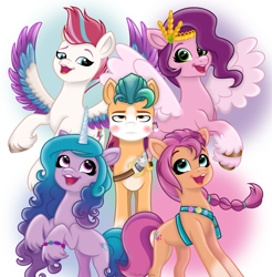 Size: 2661x2706 | Tagged: safe, artist:tuttyfruitart, hitch trailblazer, izzy moonbow, pipp petals, sunny starscout, zipp storm, earth pony, pegasus, pony, unicorn, g5, my little pony: a new generation, spoiler:comic, spoiler:my little pony: a new generation, bag, bracelet, braid, clown makeup, diadem, female, fit right in (g5), fluttershy's cutie mark, friendship bracelet, group, high res, hitch trailblazer is not amused, jewelry, makeup, male, mane five, mare, one of these things is not like the others, quintet, rainbow dash's cutie mark, saddle bag, sash, sheriff's badge, simple background, stallion, twilight sparkle's cutie mark, unamused, unshorn fetlocks, white background