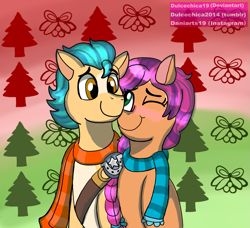 Size: 1299x1187 | Tagged: safe, artist:dulcechica19, hitch trailblazer, sunny starscout, earth pony, pony, g5, my little pony: a new generation, 2021, blaze (coat marking), blushing, braid, christmas, christmas tree, clothes, coat markings, duo, duo male and female, facial markings, female, holiday, holly, male, mare, old art, one eye closed, scarf, sheriff's badge, shipping, snuggling, stallion, straight, striped scarf, sunnyhitch, tree