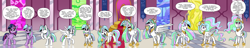 Size: 6456x1232 | Tagged: safe, artist:candyclumsy, princess celestia, twilight sparkle, alicorn, pony, g4, cake, cakelestia, caught, character to character, commission, crown, cutie mark swap, dialogue, ethereal mane, eye color change, eyes closed, female, food, glowing, glowing horn, grin, growth, hair growth, high res, hoof shoes, horn, implied princess celestia, implied princess luna, jewelry, looking back, magic, mare, nervous, nervous smile, open mouth, open smile, palette swap, peytral, pinpoint eyes, recolor, regalia, smiling, solo, speech bubble, spread wings, stumbling, suspiciously specific denial, telekinesis, throne room, transformation, transformation sequence, twilight sparkle (alicorn), twinning, wings