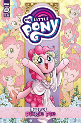 Size: 2063x3131 | Tagged: safe, artist:brenda hickey, idw, official comic, pinkie pie, crystal pony, earth pony, human, pony, seapony (g4), series:best of my little pony, equestria girls, g4, my little pony: the movie, official, bow, clothes, comic cover, cover, crystallized, cute, diapinkes, female, filly, filly pinkie pie, flower, grin, hair bow, high res, mare, multeity, my little pony logo, older, older pinkie pie, open mouth, open smile, rainbow power, rainbow power-ified, seaponified, seapony pinkie pie, smiling, species swap, toga, too much pink energy is dangerous, younger