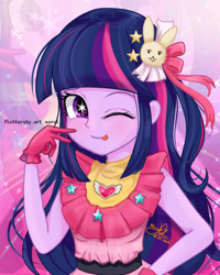 Size: 640x801 | Tagged: safe, artist:fluttershy_art.nurul, twilight sparkle, alicorn, human, equestria girls, g4, ai hoshino, anime, anime style, blushing, clothes, cosplay, costume, cute, featured image, female, idol, looking at you, one eye closed, oshi no ko, pink background, purple eyes, sexy, smiling, smiling at you, solo, tongue out, twi hoshino, twiabetes, twilight sparkle (alicorn), wingding eyes, wink, zoom layer