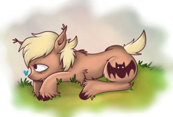 Size: 740x499 | Tagged: safe, artist:frogwires, oc, oc only, oc:forty winks, butterfly, earth pony, pony, ear fluff, fluffy, grass, lying down, prone, solo, unshorn fetlocks