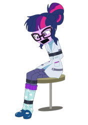 Size: 1500x2131 | Tagged: safe, artist:nie-martw-sie-o-mnie, sci-twi, twilight sparkle, human, equestria girls, g4, arm behind back, belts, bondage, bound and gagged, gag, simple background, sitting, solo, stool, tape, tape gag, tied up, transparent background