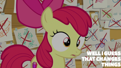 Size: 1280x720 | Tagged: safe, edit, edited screencap, editor:quoterific, screencap, apple bloom, earth pony, pony, g4, on your marks, season 6, apple bloom's bow, bow, clubhouse, crusaders clubhouse, foal, hair bow, solo