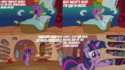 Size: 2000x1125 | Tagged: safe, edit, edited screencap, editor:quoterific, screencap, spike, twilight sparkle, dragon, pony, unicorn, g4, it's about time, season 2, bed, book, bookshelf, female, golden oaks library, grin, implied cerberus, male, mare, messy, messy mane, pillow, smiling, spike's bed, unicorn twilight, yawn