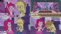Size: 2000x1125 | Tagged: safe, edit, edited screencap, editor:quoterific, screencap, applejack, pinkie pie, human, constructive criticism, constructive criticism: pinkie pie, equestria girls, g4, my little pony equestria girls: better together, stage