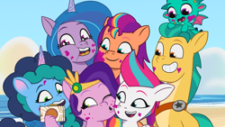 Size: 1920x1080 | Tagged: safe, screencap, hitch trailblazer, izzy moonbow, misty brightdawn, pipp petals, sparky sparkeroni, sunny starscout, zipp storm, dragon, earth pony, pegasus, pony, unicorn, g5, my little pony: tell your tale, opaline alone, spoiler:g5, spoiler:my little pony: tell your tale, spoiler:tyts01e50, cellphone, female, male, mane five, mane seven (g5), mane six (g5), mane stripe sunny, mare, phone, smartphone, stallion