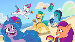 Size: 1920x1080 | Tagged: safe, screencap, hitch trailblazer, izzy moonbow, misty brightdawn, sparky sparkeroni, sunny starscout, zipp storm, dragon, earth pony, pegasus, pony, unicorn, g5, my little pony: tell your tale, opaline alone, spoiler:g5, spoiler:my little pony: tell your tale, spoiler:tyts01e50, female, jewelry, male, mane stripe sunny, mare, medallion, necklace, stallion