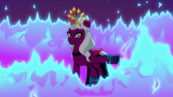 Size: 1280x720 | Tagged: safe, screencap, opaline arcana, alicorn, pony, g5, my little pony: tell your tale, opaline alone, spoiler:g5, spoiler:my little pony: tell your tale, spoiler:tyts01e50, :<, colored wings, crown, displeased, eyeshadow, female, fire, frown, hoof heart, jewelry, looking at you, makeup, mare, multicolored wings, opaline (song), opaline arcana is not amused, raised hoof, regalia, unamused, underhoof, wings