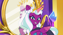Size: 1280x720 | Tagged: safe, screencap, opaline arcana, alicorn, pony, g5, my little pony: tell your tale, opaline alone, spoiler:g5, spoiler:my little pony: tell your tale, spoiler:tyts01e50, crown, evil grin, eyeshadow, female, grin, jewelry, looking at you, makeup, mare, mirror, regalia, smiling, smiling at you, solo
