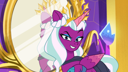 Size: 1280x720 | Tagged: safe, screencap, opaline arcana, alicorn, pony, g5, my little pony: tell your tale, opaline alone, spoiler:g5, spoiler:my little pony: tell your tale, spoiler:tyts01e50, crown, evil smile, eyeshadow, female, grin, jewelry, looking at you, makeup, mare, mirror, regalia, smiling, smiling at you, solo