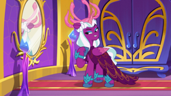 Size: 1280x720 | Tagged: safe, screencap, opaline arcana, alicorn, pony, g5, my little pony: tell your tale, opaline alone, spoiler:g5, spoiler:my little pony: tell your tale, spoiler:tyts01e50, crown, female, jewelry, mare, mirror, regalia