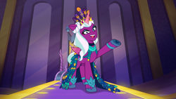 Size: 1280x720 | Tagged: safe, screencap, opaline arcana, alicorn, pony, g5, my little pony: tell your tale, opaline alone, spoiler:g5, spoiler:my little pony: tell your tale, spoiler:tyts01e50, beautiful, catwalk, clothes, crown, dress, elegant, feather, female, hoof heart, jewelry, mare, opaline (song), open mouth, open smile, raised hoof, regalia, singing, smiling, style, stylish, underhoof