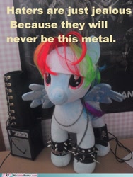 Size: 500x666 | Tagged: safe, rainbow dash, pegasus, pony, g4, amplifier, chains, heavy metal, irl, metal, metalhead, photo, plushie, solo, spiked wristband, text, wristband