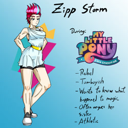 Size: 1080x1080 | Tagged: safe, artist:jackudoggy, zipp storm, human, g5, my little pony: a new generation, breasts, busty zipp storm, clothes, female, gradient background, greek clothes, headcanon, humanized, muscles, muscular female, pale skin, ripped zipp, solo