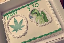 Size: 988x666 | Tagged: safe, editor:torpy, oc, oc:stoney poney, pony, 420, 420 blaze it, cake, dq, drugs, edited photo, english, food, frosting, holiday, irl, marijuana, photo, photoshop, red eyes, smoking, text