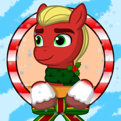 Size: 500x500 | Tagged: safe, artist:mangosangsang, sprout cloverleaf, earth pony, pony, g5, christmas, clothes, cute, holiday, male, scarf, simple background, solo, sproutbetes, stallion