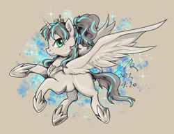Size: 2296x1770 | Tagged: safe, artist:thurder2020, princess flurry heart, alicorn, pony, g4, adult blank flank, blank flank, crown, female, flying, hoof shoes, jewelry, limited palette, mare, older, older flurry heart, ponytail, regalia